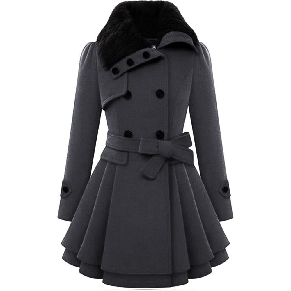 🆕Women's Deep Grey Zeagoo Winter Trench Coat Faux Fur Lapel Double Breasted